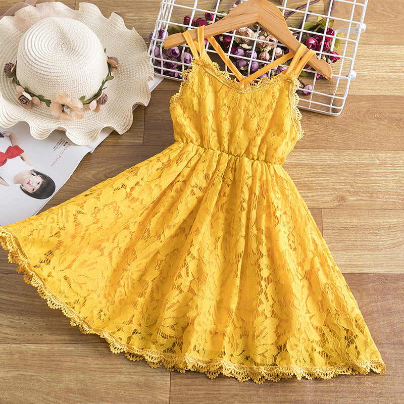 Children's Embroidered Skirt Lace Dress With Suspenders And Beautiful Back