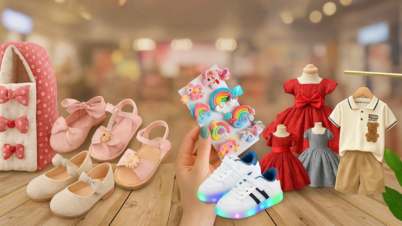Children's shoes, toys, and clothing on a wooden surface with a blurred store background.